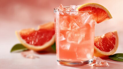 Refreshing pink grapefruit soda served over ice with citrus slice on a pastel backdrop