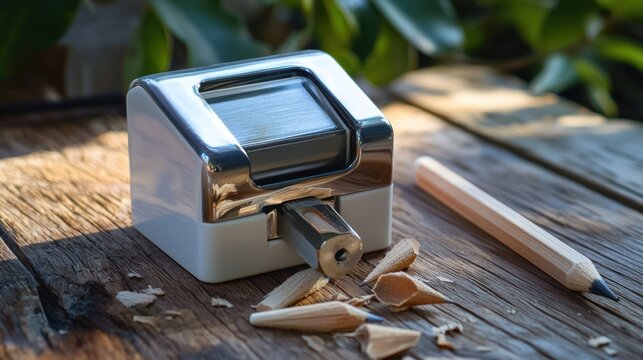 Pencil sharpener next to a sharpened pencil