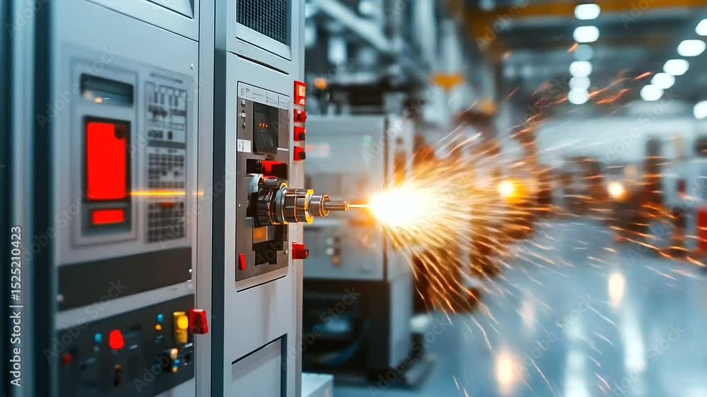 Poster high-tech cnc machines operating in an industrial factory, robot arms moving components with precisi