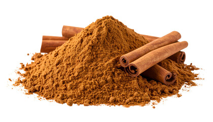 Ground cinnamon powder with cinnamon sticks displayed. Isolated transparent background