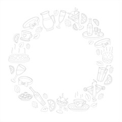Coloring book wreath with food and drinks