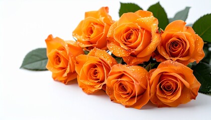 Naklejka premium Macro photo image of orange roses with dew drops on it, white background.
