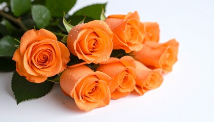 Macro photo image of orange roses with dew drops on it, white background.