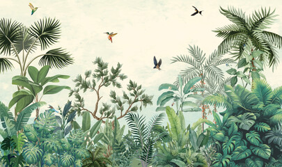 Tropical Jungle wall mural, Mughal Garden Illustration, Wallpaper, Birds.