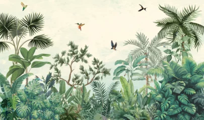Gordijnen Olijf Tropical Jungle wall mural, Mughal Garden Illustration, Wallpaper, Birds.  © Sharif