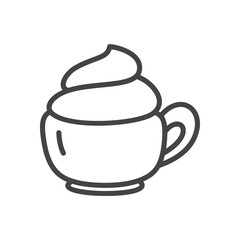 Cute coffee cup icon. Monochrome hand drawn illustration of warm drink with whipped cream topping. Kawaii autumn sticker. Vector 10 EPS.