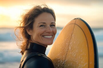Joyful mature woman smiling on the beach while holding a surfboard in bright sunshine