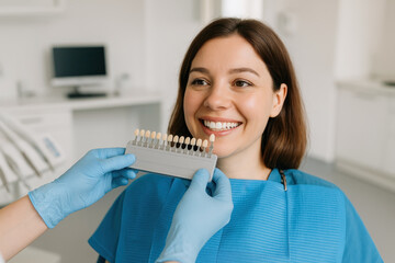 Smiling woman undergoing dental shade matching procedure in clinic by dentist using teeth color guide sample