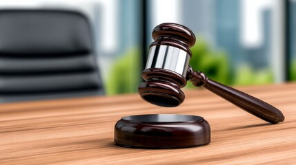 Obraz premium Wooden gavel and sound block on a courtroom table with a blurred background