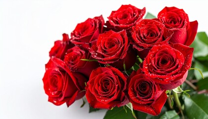 macro photo shot of red roses and dew drops that are sticking on its, white background