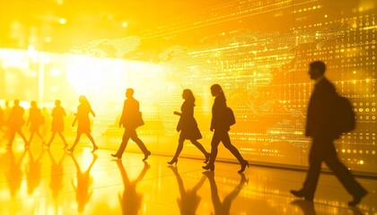 Fototapeta premium business, abstract background, blur computer code, silhouette of walking people in a hall, yellow hues