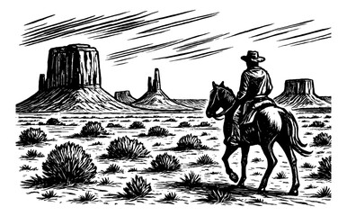 Cowboy Riding Horseback Through Desert Landscape in Black and White Engraving Style Art