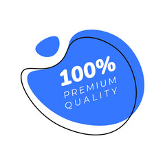 Premium quality badge on blue blob background. Promotional sticker with 100% premium quality text inside abstract rounded blue shape with outline. Vector 10 EPS.
