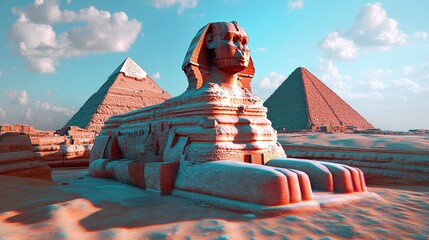 An Awe inspiring view of Giza pyramids and Sphinx bathed in warm sunlight