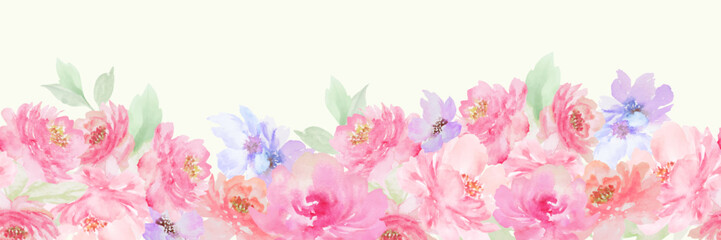Fototapeta premium Seamless watercolor border with pink, purple flowers. Hand painted floral background. Vector EPS.
