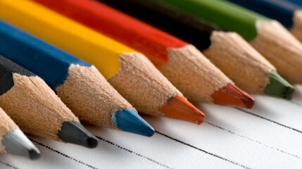 Close-up of colorful pencils arranged on lined paper for artistic or educational use