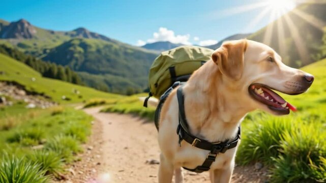 Happy dog hiking on a trail with a backpack in the mountains  