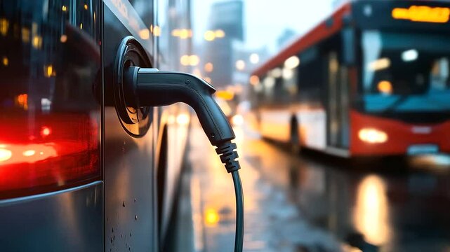 Charging connection highlighted in focus while bus and background city buildings blur slightly, illustrating clean energy in action