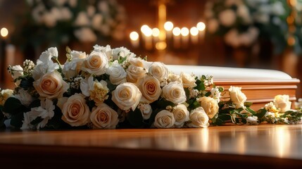 A beautiful arrangement of white roses and delicate flowers resting on a wooden coffin, symbolizing love, loss, and the continuation of life amidst emotional farewells and memorials.