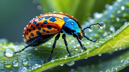 Vibrant jewel scarab beetle on dewy leaf