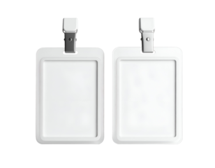Blank badge holder with clips for identification or event use. Isolated transparent background