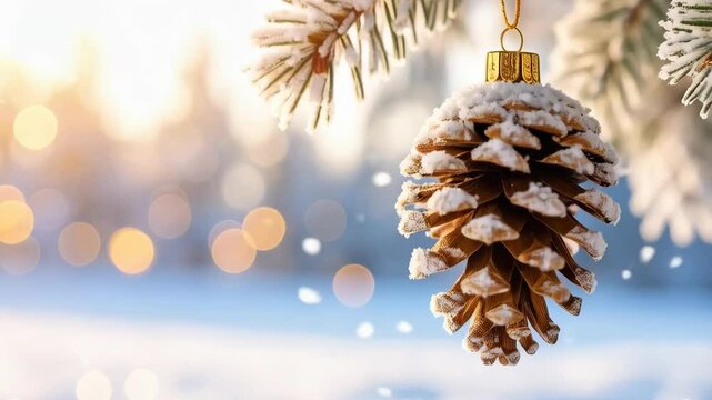 Snow covered pinecone ornament hangs from a snowy fir branch with blurred golden lights in the background on a winter day.