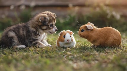 Obraz premium Puppy, kitten, and guinea pig interacting with each other