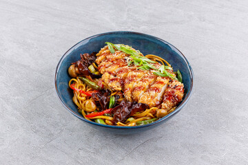 Crispy Chicken Katsu on Stir-Fried Udon with Vegetables