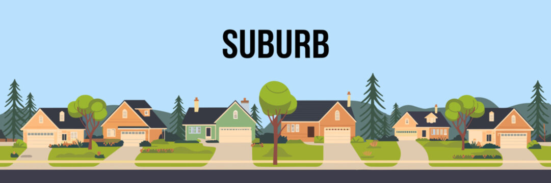 Simple vector illustration of neighborhood with houses driveways trees and light blue sky – suitable for residential real estate, local community, and urban planning content