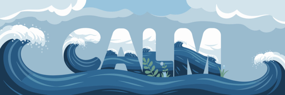 Vector illustration of the word calm with waves clouds and nature elements – Ideal for wellness branding meditation apps or relaxation content