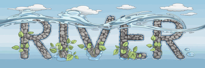 Vector river text with flowing water pebbles plants and floating leaves on blue sky – Suitable for environmental content nature designs or outdoor themes