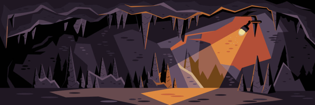 Rugged cave interior with stalactites, stalagmites, and warm torchlight – Great for adventure themes, geology, or spelunking content