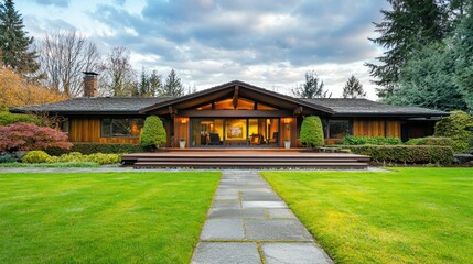 Ranch-style house with a low-profile design and wide porch