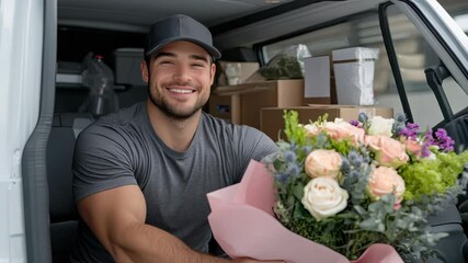 A smiling man presents a colorful bouquet while showcasing his delivery service in a busy city environment