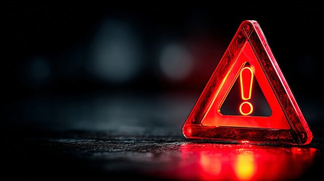 Bright red warning triangle with exclamation mark illuminated on a dark background