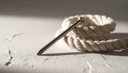 Sturdy Metal Nail Resting on a Coil of Thick Rope Strong and Secure Concept.