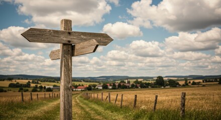 Wooden signpost with empty arrows on a rural path. Concept of decision making, choice and future direction. Journey and travel guide.