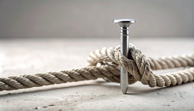 Strong Metal Nail Piercing Through Tightly Knotted Rope.