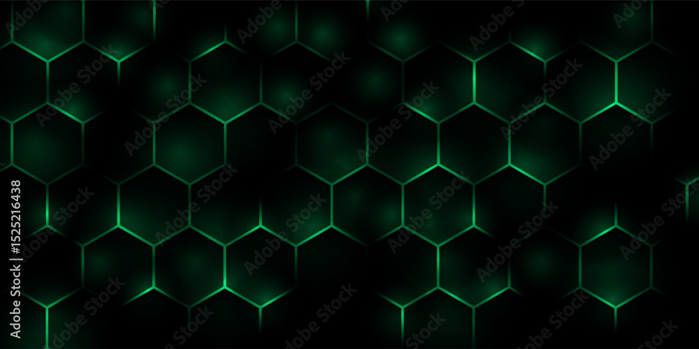 Poster hexagonal cyberspace green background. hexagon grid tech pattern.
