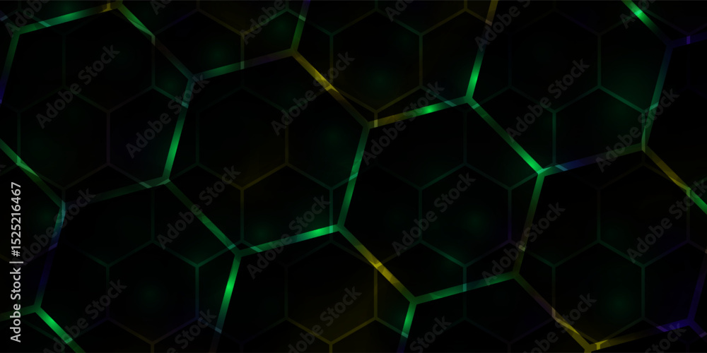 Poster hexagonal cyberspace green background. hexagon grid tech pattern. vector
