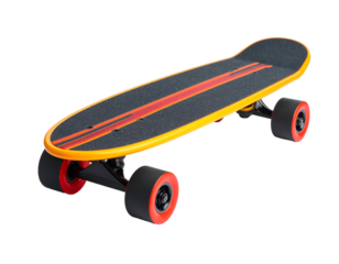 Colorful skateboard with black grip tape and red wheels. Isolated transparent background