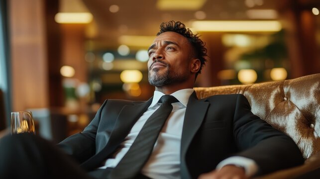 A well-dressed man sits thoughtfully in a luxurious lounge, exuding confidence and sophistication, making it an ideal image for themes of elegance and success.