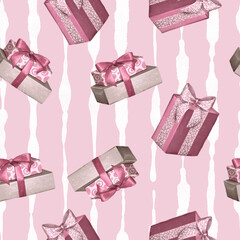 Elegant seamless pattern with gift boxes with pink ribbons on a soft pink background.