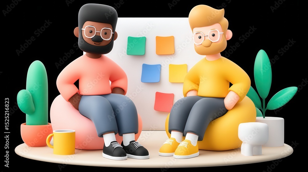 Poster winning mindset two cartoon characters seated in a cozy setting with plants and sticky notes in the 