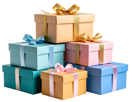 Colorful gift boxes stacked with bows for festive occasions. Isolated transparent background