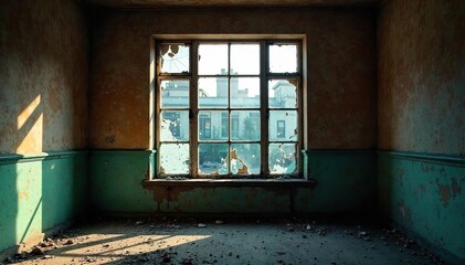 A shattered window in a derelict building, symbolizing the destructive consequences of violent crime and urban decay , violence, shattered