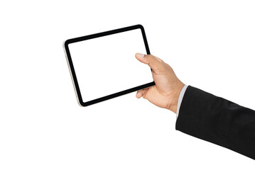 Hand holding digital tablet with mockup of blank screen on isolated white background.