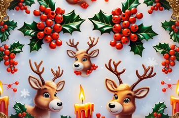 Cute Christmas Reindeer with Holly Berries and Candles Seamless Pattern Generative AI