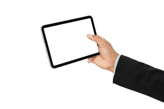 Hand holding digital tablet with mockup of blank screen on isolated white background.