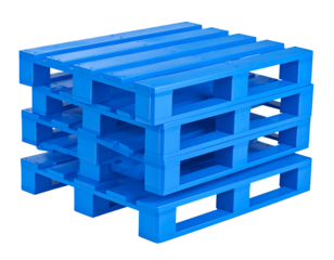 Blue plastic pallets stacked together in a warehouse setting. Isolated transparent background